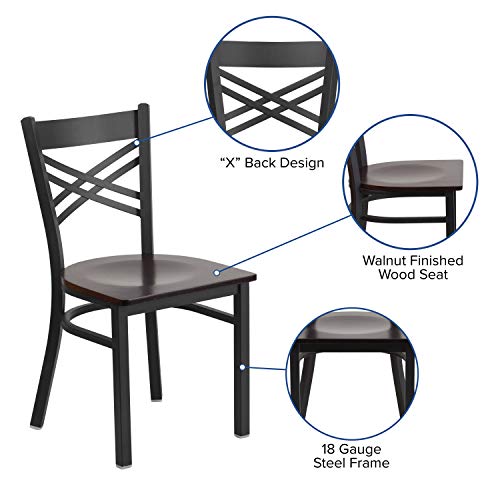 Image of Flash Furniture 2 Pack HERCULES Series Black ''X'' Back Metal Restaurant Chair - Walnut Wood Seat