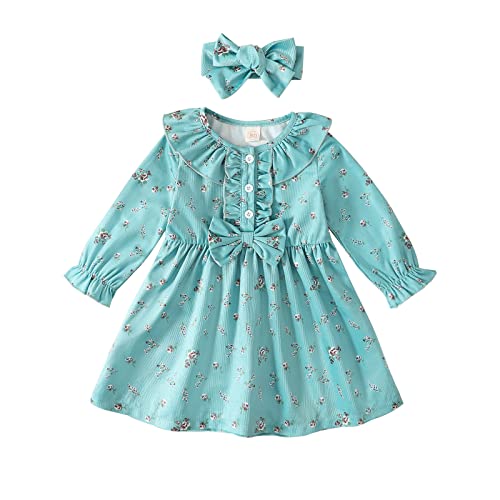 Grnshts Toddler Baby Girl Dress Corduroy Ruffle Long Sleeve Floral Print Princess Dresses With Headband Kids Fall Winter Outfits(Blue Green,1-2T) #TOP14