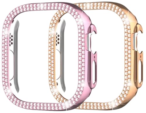 Image of AMiRiTE ADS144 Bling Diamond Rhinestone Ony Bumper Watch Case Cover Without Glass Compatible with Apple iWatch Series 49mm Ultra /Ultra 2 (49MM [ Bling CASE Combo Pack of 2 ], Rose Pink & Rose Gold)