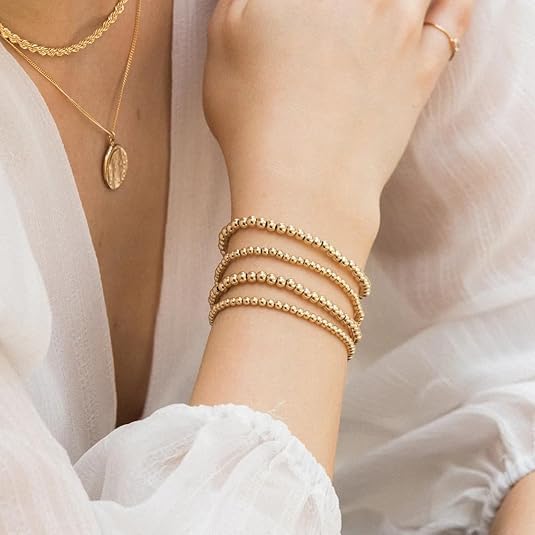 the City Gold Bracelets for Women, 14k Gold Plated Beaded Bracelet Hypoallergenic Stackable Bracelet Dainty Gold Stretch Bracelets for Women Trendy Gold Jewelry - Image 2