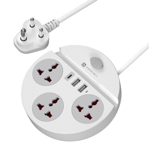Image of Portronics Power Plate 5 Pro, 6-in-1 Power Extension Board with 3 Universal Sockets, 2 USB-A & 1 Type-C Port, 1500W Output, Built-in Mobile Holder, 2M Long Cord, Overload & Surge Protection