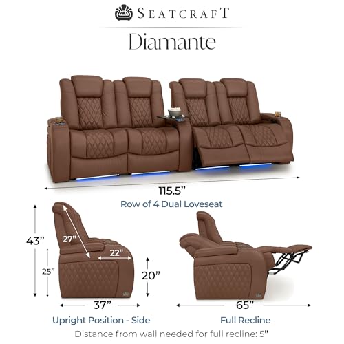 Image of Seatcraft Diamante Tobacco Italian Leather Home Theater Seating, Zero Gravity Power Recliner Gaming and Home Office Chair Powered Headrest Lounge Sofa Furniture for Cinema Room Row of 4 Dual Loveseats