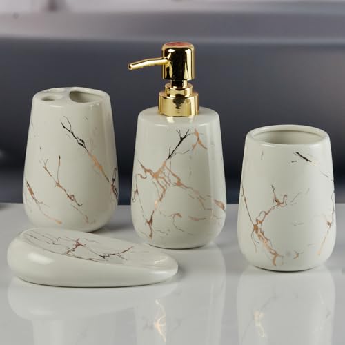 Image of Kookee Ceramic Beige & Gold Marble Bathroom Accessories Set of 4 (8842)