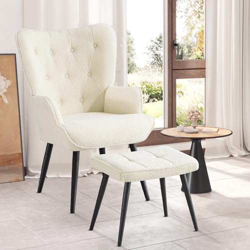 Ckaff Sessel mit Hocker, Ohrensessel mit Hocker aus Boucé, Sessel Wohnzimmer Relaxsessel mit Fußstütze Loungesessel Polstersessel fürs Wohnzimmer Schlafzimmer Arbeitszimmer, Weiß