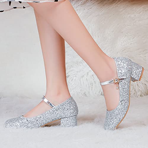 KOKOMOMO Womens Glitter Sequin Round Toe Mary Janes Low Block Heel Pumps with Ankle Strap3