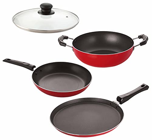 Image of Nirlon Nonstick Aluminium Chemical-Free Combo Items Set for Kitchen Cooking with Glass Lid, -4 Pieces (Flat Tawa|Tapper Pan|Kadhai|1 Glass Lid)-32mm FT11 TP20 KD11 1GLID