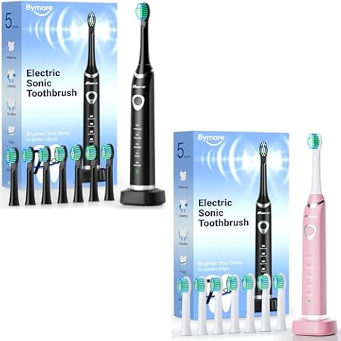 Bymore Electric Toothbrush for Adults,Travel Sonic Toothbrush with 8 Replacement Heads, Ultra Clean Rechargeable Toothbrush Portable One Charge for 330days 5 Modes 2mins Timer-Black&Pink Cover