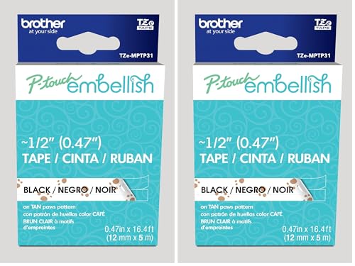 Image of Brother P-Touch Embellish Black Print on Tan Paws Patterned Tape TEMPTP31 - ~ inch Wide x 13.1' Long for use with P-Touch Embellish Ribbon & Tape Printer (Pack of 2)