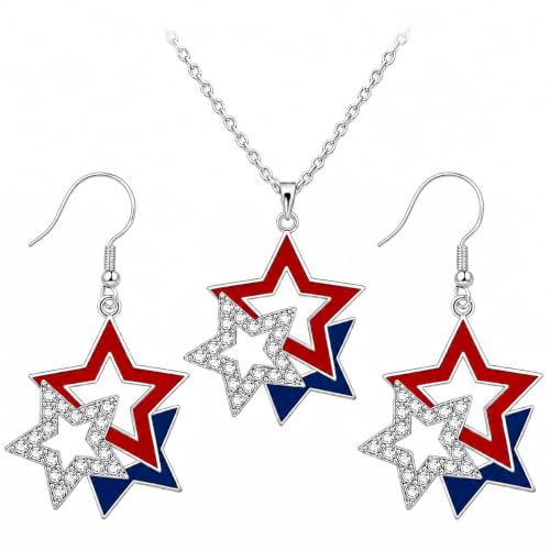 Mysense 4th of July Earrings and Necklace Set for Women Red White Blue Patriotic Star Dangle Earrings American Flag Pendant Necklace Patriotic Jewelry for 4th of July Outfits USA Independence Day Accessories Memorial Day Jewelry 250 Anniversary USA Merchandise