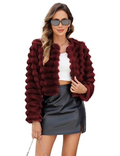 Womens Faux Fur Cropped Coats Fuzzy Long Sleeve Winter Jacket Open Front Cardigan Top Fluffy Warm Outwear with Pocket - Main Image