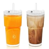 2 Pack 20 Oz Glass Cups with Lids and Straws Iced Coffee Cups Vintage Ribbed Glassware for Beer Ice Coffee Fruit Juice Elegant Aesthetic Cup Glass Iced Coffee Tumbler Include 1 Cleaning Brushes