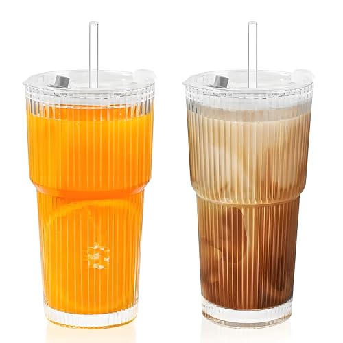 2 Pack 20 Oz Glass Cups with Lids and Straws