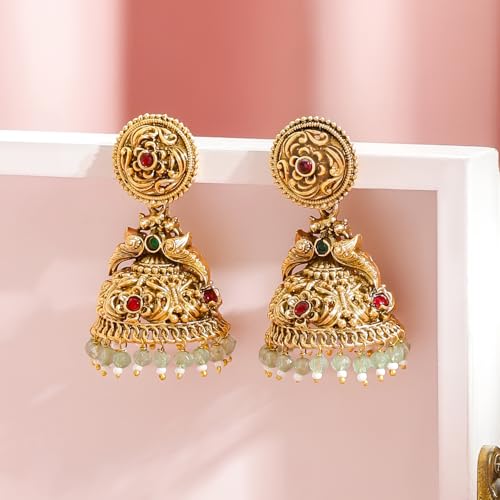 Image of Rubans Gold-Plated Jhumka Earrings for Women & Girls | Jhumki Traditional Wedding Fashion Ethnic Designer Jewellery Statement Gift