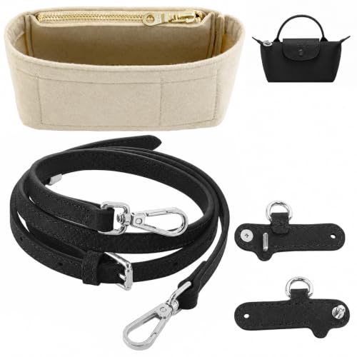 Image of Purse Organizer Insert & Leather Strap Conversion Kit Set, Compatible with Longchamp Le Pliage Mini Bag - Felt Inner Liner & Adjustable Shoulder Strap, Beige Insert & Black Strap
