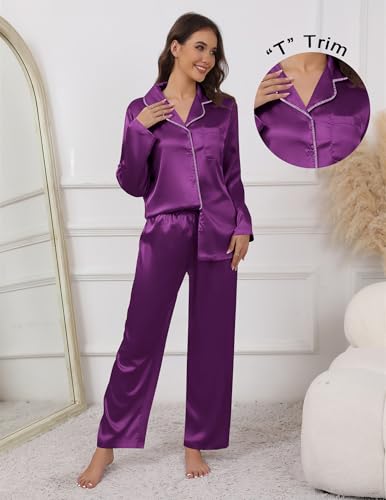 Image of Ekouaer Pajamas For Women Set Silk Pjs 2 Piece Satin Sleepwear Long Sleeve Button Down Lounge Sets With Pant