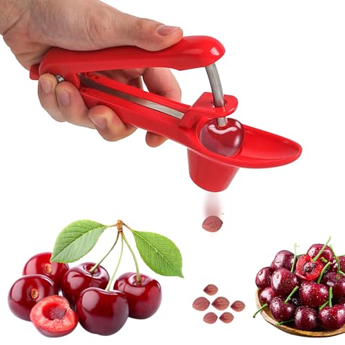 RICHSC-PAN Cherry Pitter, Stainless Steel Cherries Corer Pitter Tool with Hand-held Push Design. Easy to Use for Making Cherry Jam - Pit Cherry with Ease, Saving Time & Space with Lock Design. (red)
