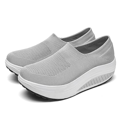Image of Women's Knitted Platform Slip On Walking Sneakers,Comfort Lightweight Arch Support Non Slip Casual Mesh Breathable Workout Work Shoes