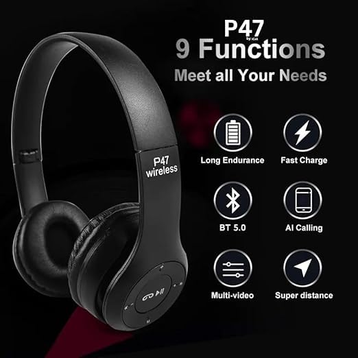 Image of icall P47 Wireless Bluetooth Headphones with Mic | Over-Ear Stereo Headset for Music, Gaming & Calls | Super Extra Bass | Ideal for Gym, Running, Travel | Bluetooth 5.0, SD Card, AUX Support (Black)