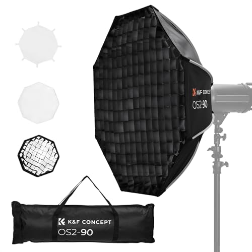 K&F CONCEPT Boîte à lumière parabolique démontage Rapide, boîtes à lumière octogonales de 90cm avec Grille en nid d’Abeille+diffuseur+Sac Portable, boîte à lumière Parapluie détachable Bowens Mount