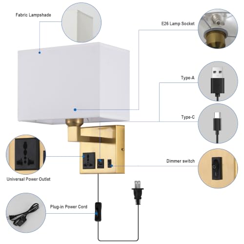 Image of Plug in Wall Sconces, Wall Lamp with Brass Base Square lampshade | Wall Lamps for Bedroom Bulb Included, Wall Mounted Lamp with 3 Color Temperature, Bedside Lamps with USB Ports and AC Outlet