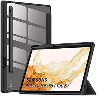 MoKo Case for Samsung Galaxy Tab S8 11" 2022 (SM-X700/SM-X706)/Tab S7 11" 2020 Case With S-Pen Holder, Tablet Trifold Cover Case Transparent PC Back Shell with Back Pen Slot/Auto-Wake, Black