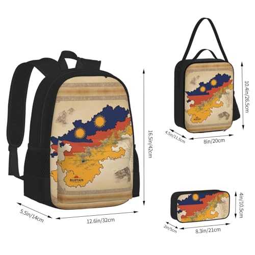 Kingdom Of Bhutan Flag Map 01 Print 3 Piece Set Backpack, Lunch Bag, Pencil Case, Cute Sturdy For College And Travel4