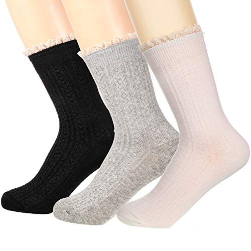 Image of Syhood 6 Pairs Women Ruffle Socks Frilly Lace Trim Cotton Cute Vintage Dress Crew Ankle Boot Socks