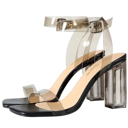 Image of Women's Clear Chunky Block Heeled Sandals 3.74 Inches Open Toe Ankle Strap Block High Heel Sandal Dress Dancing Sandals Daily Work Party Shoes