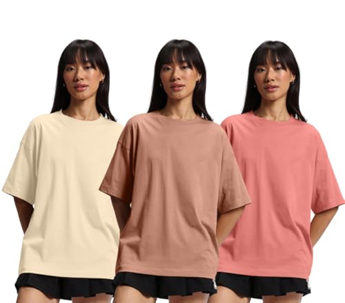 Image of JUNEBERRY 100% Pure Cotton Drop Shoulder Oversized Baggy Fit Half Sleeve Plain Solid Round Neck Multicolor T-Shirt Combo for Women & Girls (Pack of 3) (Sizes S-2XL)