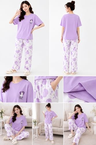 Image of Women's Pure Cotton Nightwear Set - Cute Printed Lavender Half Sleeve T-Shirt and Pajama Set for Girls, Comfortable Loungewear & Sleepwear