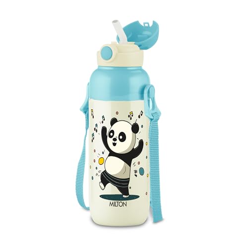 Image of Milton Steel Indus 400 Thermoware PU Insulated, 390 ml Water Bottle with Straw for Kids, Leak Proof Flip Top Sipper Lid Bottle, School, Picnic, Easy to Carry Belt, White