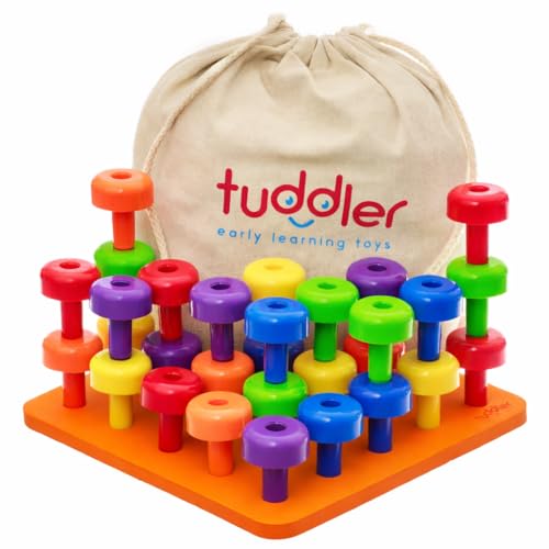 Image of Toddler Peg Board Sensory Montessori Fine Motor Skills Educational Toys - 30 Stackable Pegs + Pattern Card + Drawstring Backpack + E-Book (Orange)