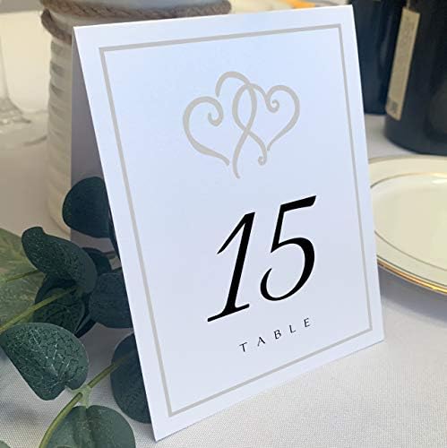 Linked Hearts and Border Wedding Table Numbers (Select Color/Quantity), White, Silver, 1-10, Double Sided, Tent or Use in a Stand, Great for Parties & Restaurants