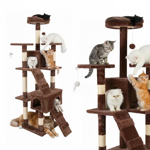 Avilia - Tiragraffi XXL 170cm con Doppia Cuccia per Gatti Adulti, Albero Giochi in Sisal e Peluche, Piatteforme Relax, Ampio e Sicuro per il Massimo Divertimento dei Gatti (Marrone)