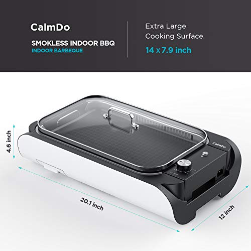 CalmDo Indoor Smokeless Grill, Electric BBQ Grill and Non-Stick Griddle Plates with 3 Temperature Control, Removable Drip Tray, Tempered Glass Lid and 14\'\' X 7.9\'\' Grilling Surface