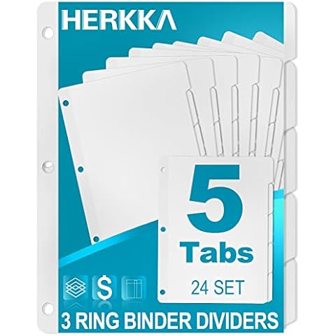 5-Tab Binder Dividers, HERKKA 3 Ring Binder Dividers with Reinforced Edge, 3 Hole Punch Section Index Dividers for Binders, 1/5-Cut Tabs, Letter Size, White, 120 Dividers Cover