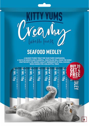 Image of Kitty YUMS Adult & Kitten Creamy Lickable Cat Treats 360g (15g x24 Pieces) | Seafood Medley Flavour | Rich in Protein | Taurine for Heart & Vision | Ideal for Training & Bonding | Promotes Hydration