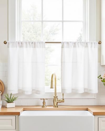 jinchan Rustic Linen Rod Pocket Tier Curtains, 26x24, 2 Panels, White