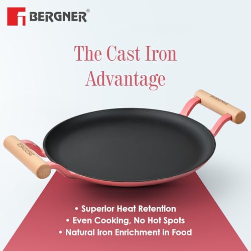 Image of BERGNER Excalibur Lightweight Cast Iron Dosa Tawa 30cm, Double Sided Sturdy Handle, Non-Stick Coating, PFAS Free, Perfect Heat Distribution, Elegant Design - Induction Compatible (Pink)
