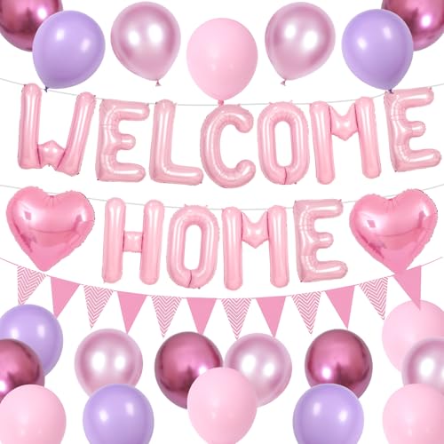 Welcome Home Decorations Pink,Welcome Home Foil Balloon Banner with Pink Heart Balloons Pennant Flag Bunting for Housewarming Baby Shower Family Party Supplies