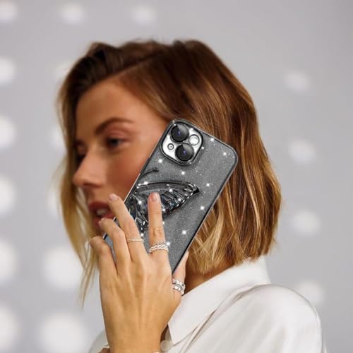Image of SHINESTAR 3D Butterfly Case for iPhone 15 Cover, Cute Girly Glitter Bling Luxury Back Cover for Women Girls Protective Shockproof Slim Camera Protection for iPhone 15 - Black