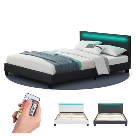 Juskys Lit rembourré Paris 140x200 cm avec éclairage LED, sommier à Lattes et tête de lit, Simili Cuir, Cadre de lit pour Adulte et ado, 1 Personne, Noir