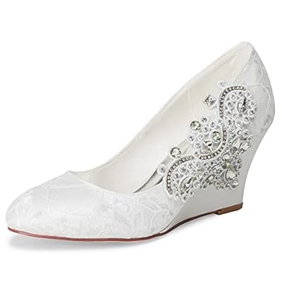 JIAJIA 1217524 Damen Brautschuhe Geschlossene Zehe 7,5 cm Keilabsatz Spitze Satin Pumps Strass Hochzeitsschuhe
