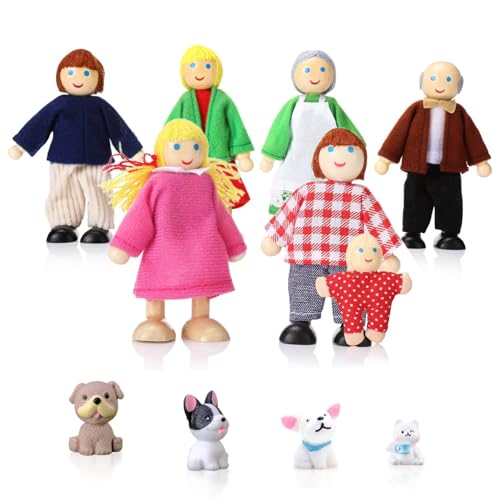 DUOCIYUAN Família de bonecas de madeira 11 peças mini boneca família figuras com gato e cão figuras de pessoas familiares de casa de bonecas para acessórios de casa de bonecas de imitação