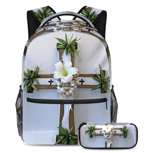 Sac à dos et cartable croix blanche de Pâques avec trousse multicolore pour ado