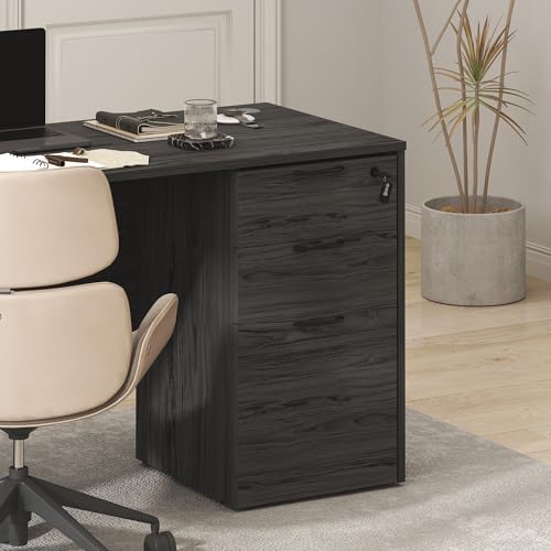 Image of Furinno Roger File Cabinet, 3-Drawer Fixed Pedestal Filing Cabinet with Lock, Soft-Close Drawers with Drawer Organizer, for Home Office, Coastal Grey