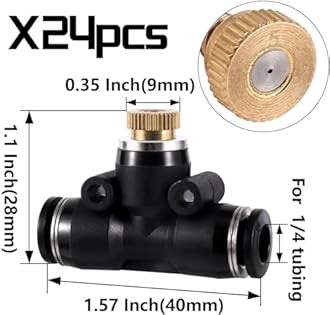 24 Pack Brass Misting Nozzles Outdoor Cooling System with 24 Heavy Duty Mister Nozzle,24 Tees,4 Brass Plugs,4 Black Plugs for Outdoor Cooling System