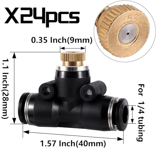 24 Pack Brass Misting Nozzles Outdoor Cooling System with 24 Heavy Duty Mister Nozzle,24 Tees,4 Brass Plugs,4 Black Plugs for Outdoor Cooling System