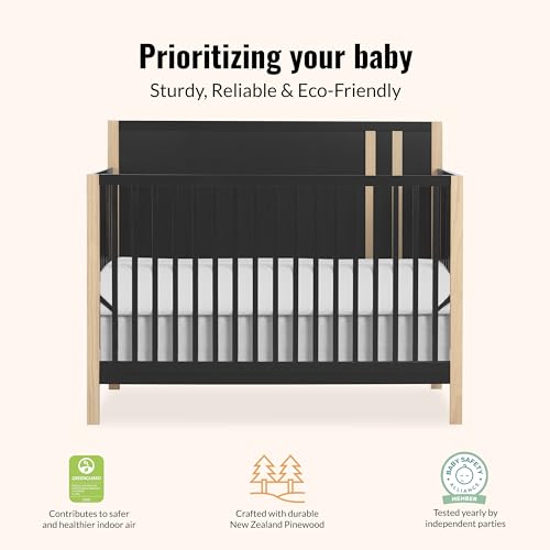 Image of Dream On Me Soho 5-in-1 Convertible Baby Crib in Matte Black Vintage, GreenGuard Gold & BSA, Sustainable Pinewood, 3 Levels, Converts to Toddler, Day & Full-Size Bed