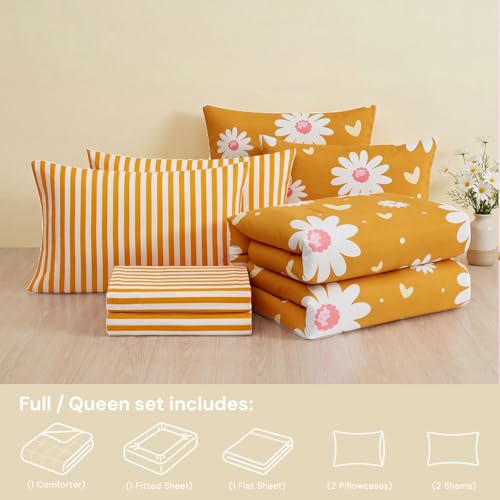 Image of Queen Comforter Set with Sheets for Girls-7 Pieces Soft Queen Bedding Sets | Bed in A Bag Cute Yellow Daisy Printed Comforter with Pillowcases & Shams, 90 inch X 90 inch